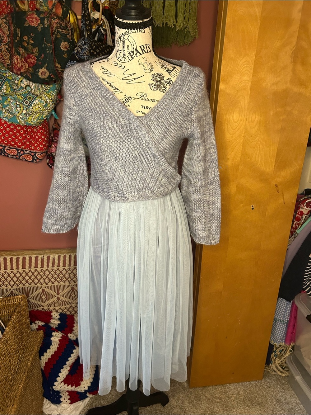 Maeve, Anthropologie Pale Blue knit Balletcore cocktail Dress